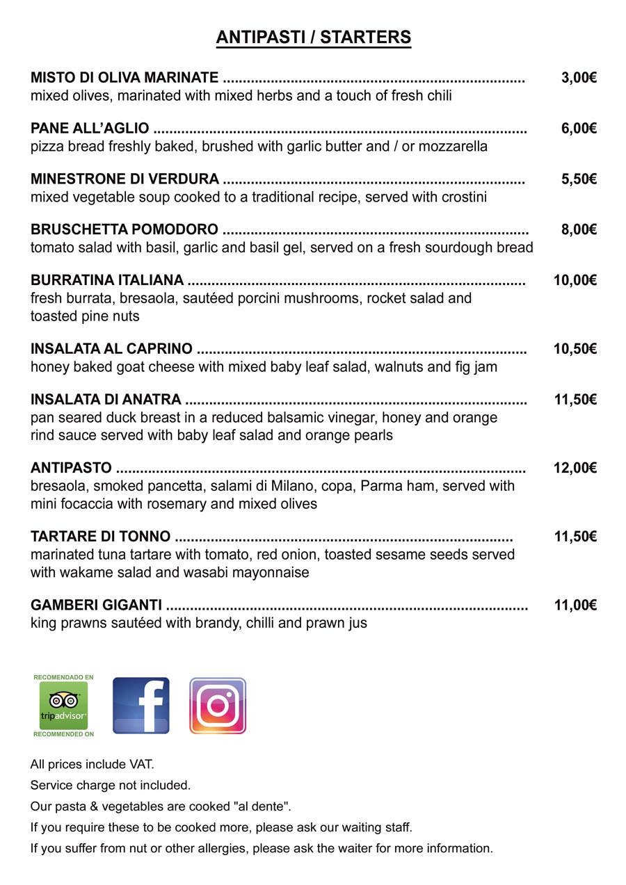 Restaurant Playa Flamenca Menu Starters