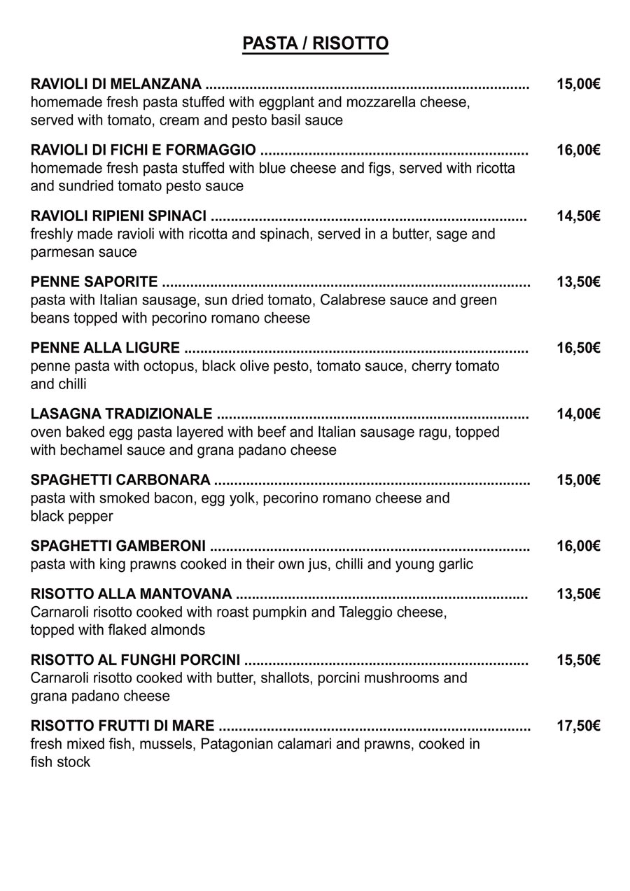 Restaurant Playa Flamenca Menu Pasta